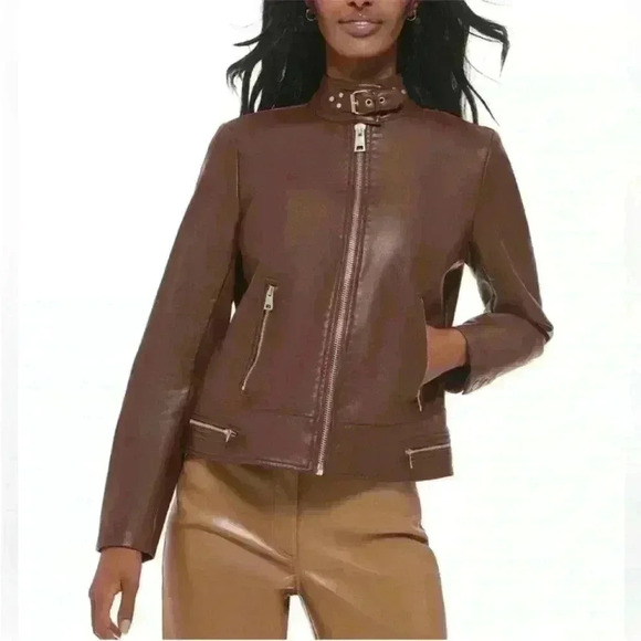Levi's Faux-Leather Latch Collar Moto Racer Jacket in Chocolate Brown-Large NWT - Picture 2 of 10